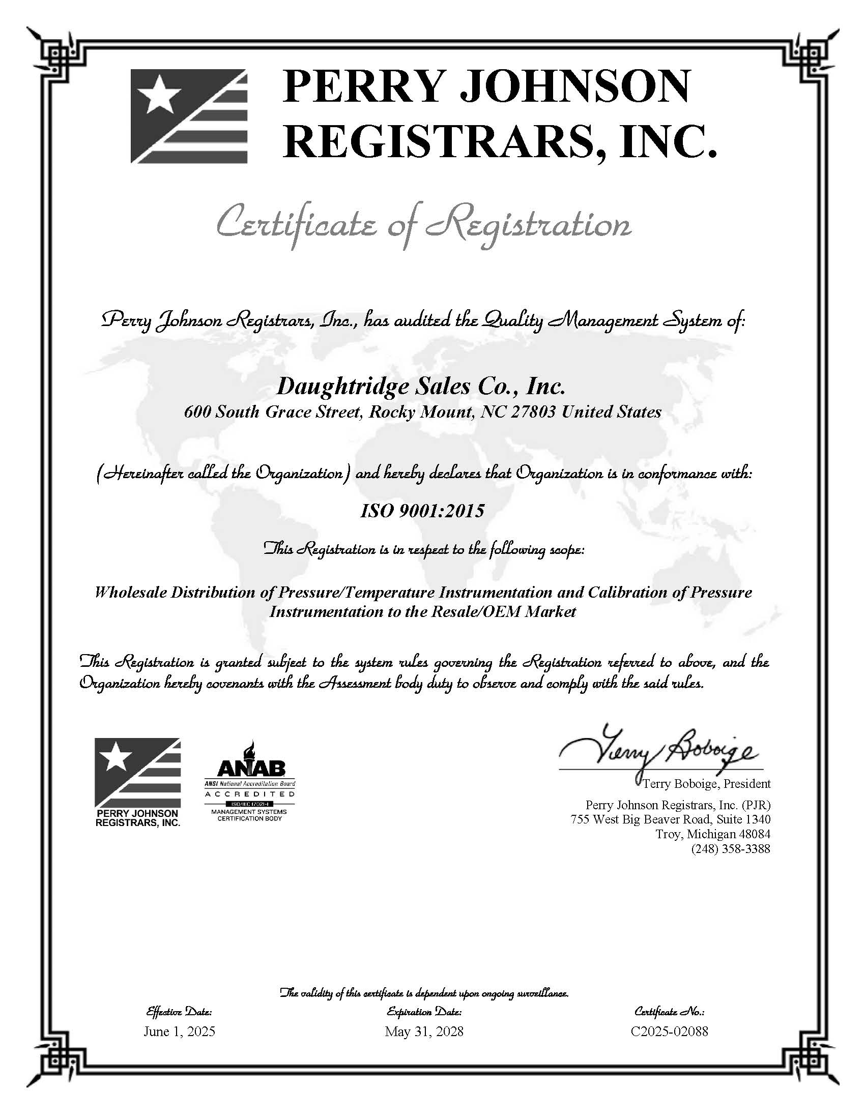 Scanned image of Daughtridge Sales IS) 9001-2015 certificate from 2022